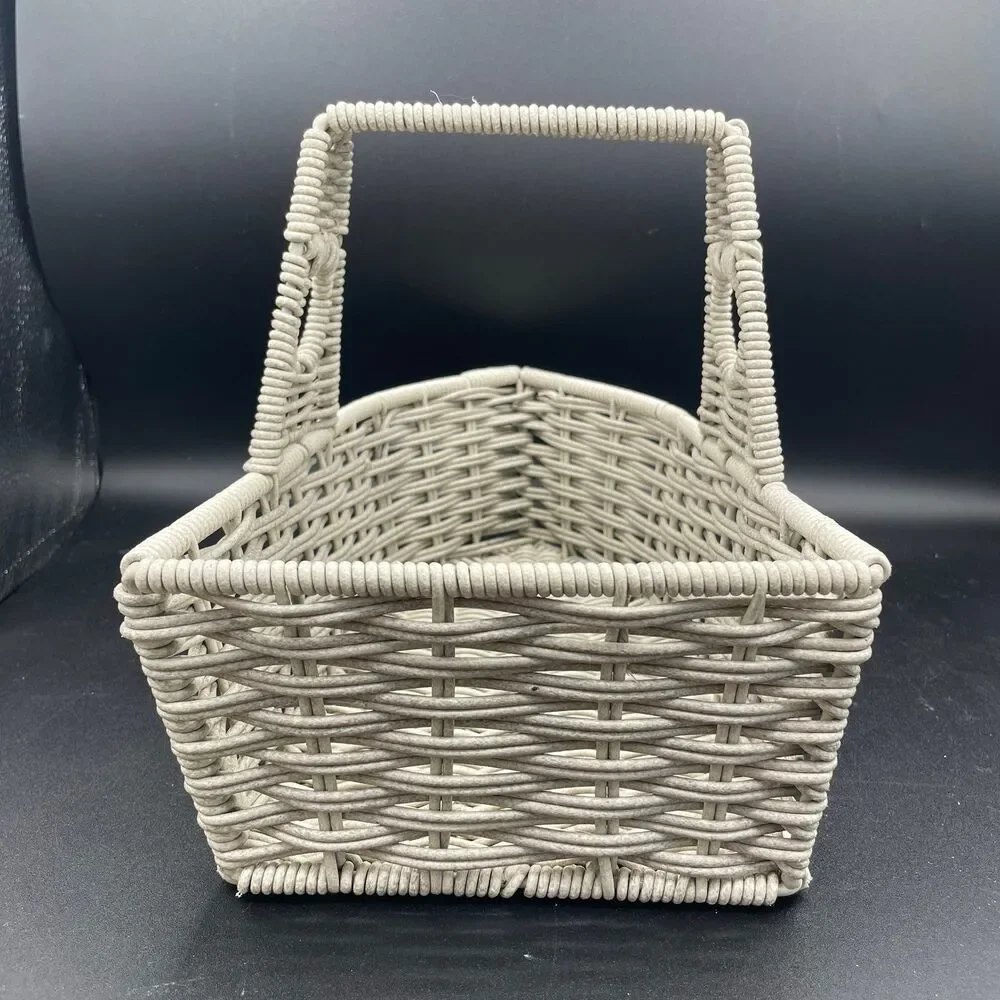 Vintage White Woven Faux Rattan Basket Metal Frame Heavy Weight Storage Caddy
